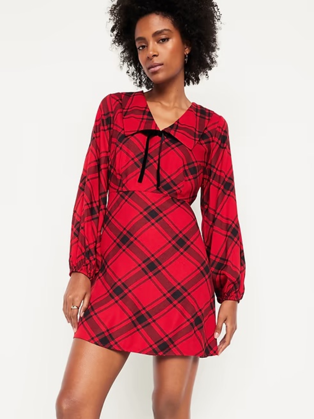 NWT Old Navy Red Buffalo Plaid Sailor-Style fit & flare Dress Velvet Black Bow